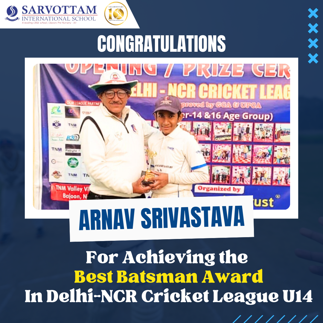CONGRATULATIONS TO ARNAV SRIVASTAVA OF GRADE 7H FOR HIS PHENOMENAL PERFORMANCE IN THE DELHI NCR CRICKET LEAGUE U14